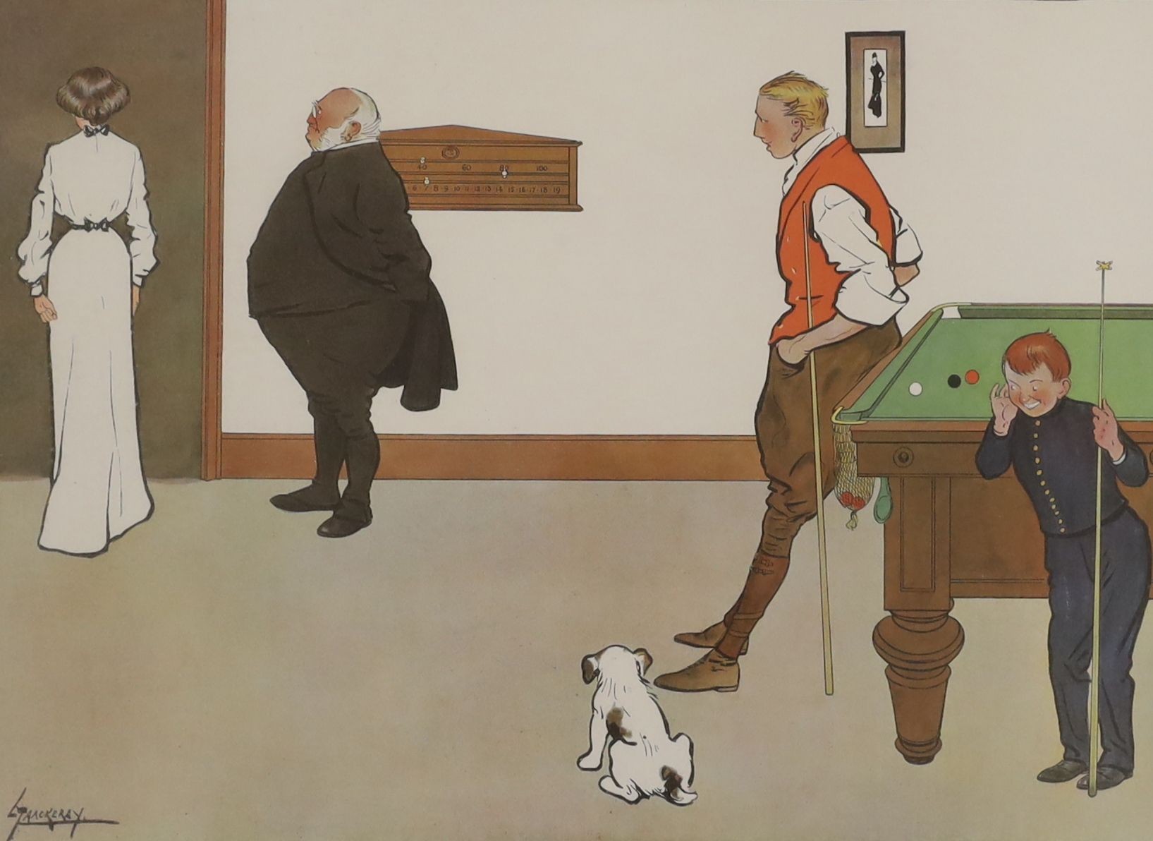 Lance Thackeray (1869-1916), a set of four chromolithographs, 'A billiard match', overall 47 x 60cm